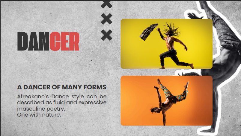 Afreakano dancer profile board showing two full-body dance photographs and descriptive text